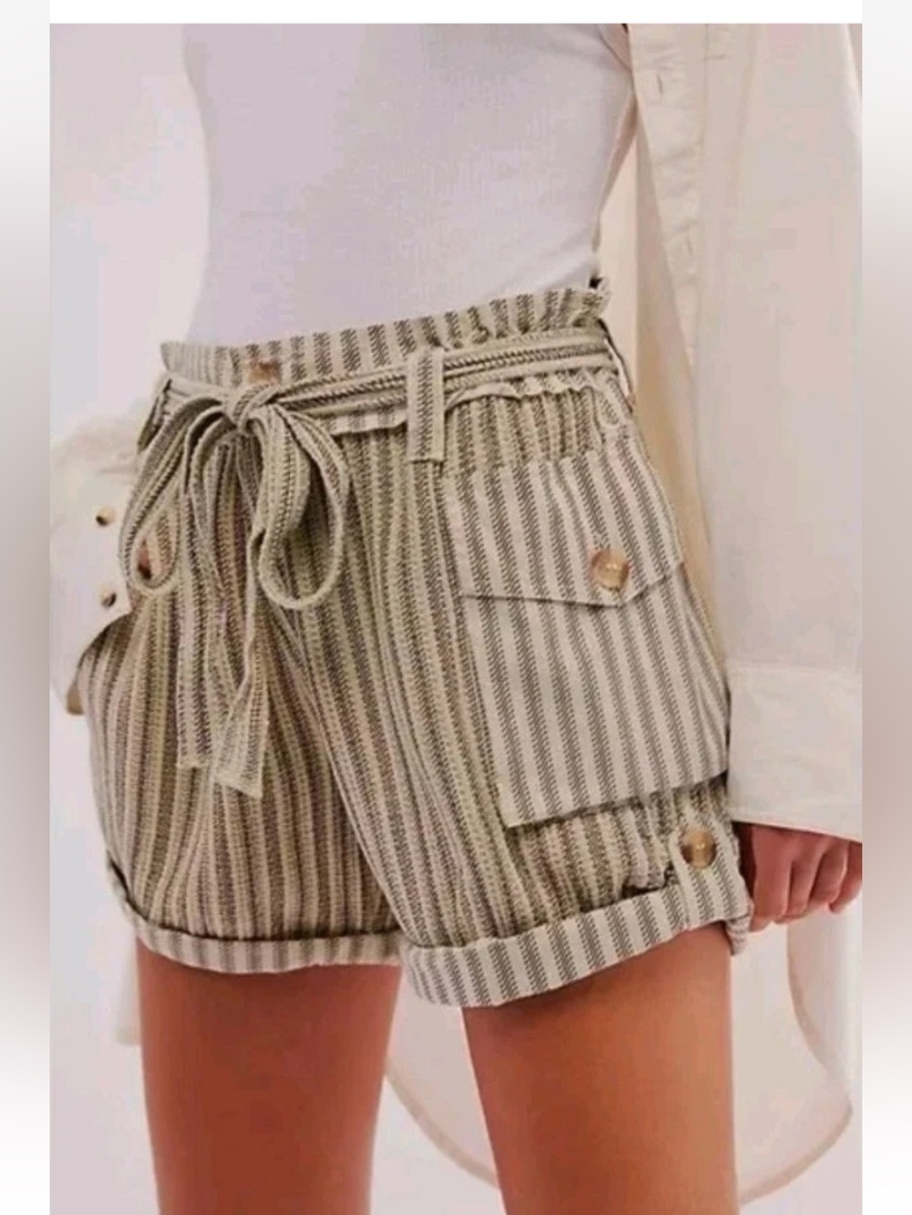 Free People FP One Harriet Striped Slouchy Mid Rise Belted Shorts XS Boho
